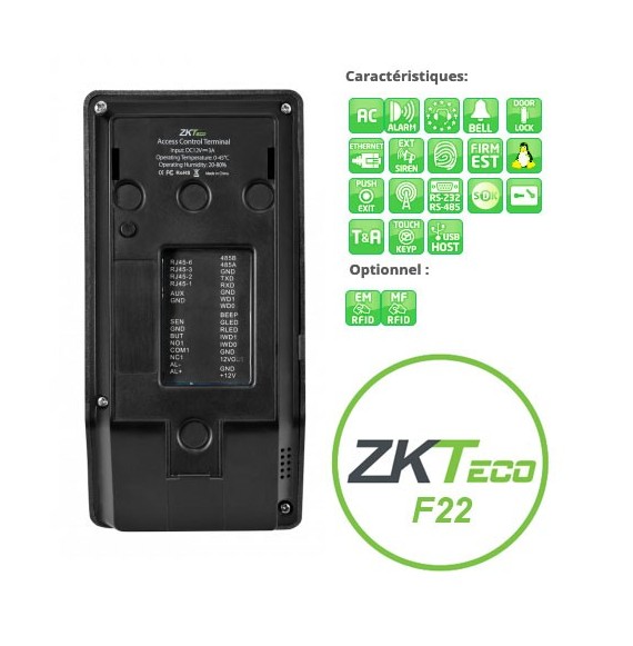 Poiteuse noire autonome biométrique F22 Zkteco vue arrière