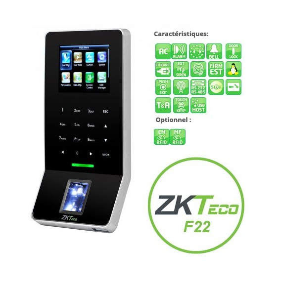 Pointeuse noire autonome biométrique F22 Zkteco